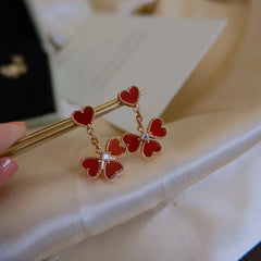 Symbol of Love: 925 Silver Red Heart-Shaped Grass Earrings with White Fritillaria Accents