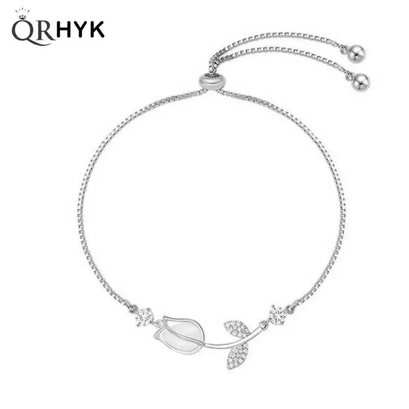 Korean Light Luxury Tulip Flower Bracelet: Shiny Zircon Opal Beaded Adjustable Charm Bracelet for Women