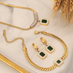 316L Stainless Steel Square Emerald Zircon Thick Chain Necklace Bracelet Earring Set Joyeria Acero Inoxidable Por Lotes