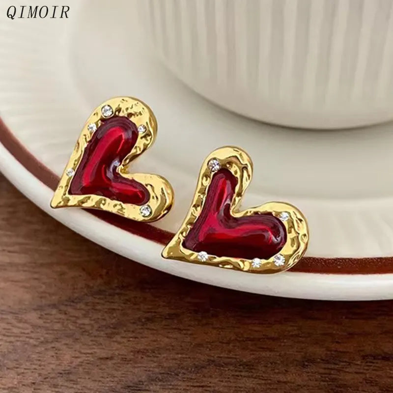 Cute and Classic: Red Enamel Metal Heart Earrings for Women with Gold Plating Post Studs