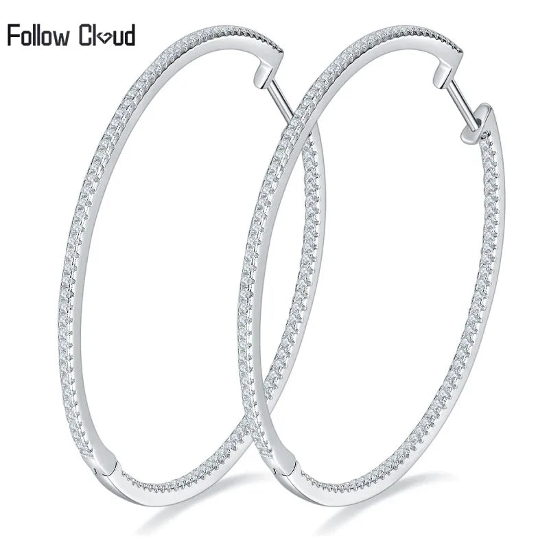 Follow Cloud 50mm Full Enternity Moissanite Hoop Earrings for Women 1.1mm Stone Sparkling Diamond Earing 925 Sterling Silver