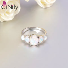 CiNily White Fire Opal Rings with Oval Big Stone: Silver Plated Wedding Engagement Minimalist Bohemia Boho Jewelry