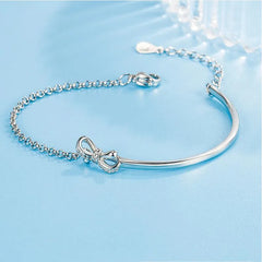 S925 Sterling Silver Bracelet: Chic Bow Design, Semi-circle Style, Light Luxury Diamond Accents, Elegant for Women