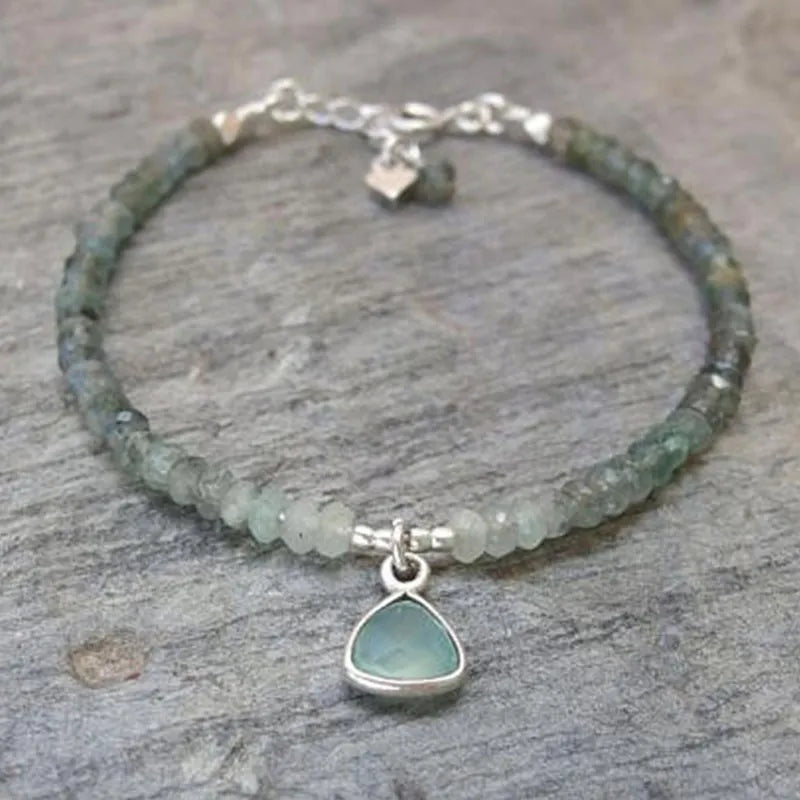 Natural Aquamarine and Green Stone Black Beaded Bracelet