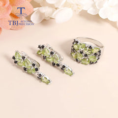 Fashion Peridot Jewelry Set: Natural Gemstone Earrings and Ring in 925 Sterling Silver for Women