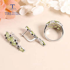 Fashion Peridot Jewelry Set: Natural Gemstone Earrings and Ring in 925 Sterling Silver for Women