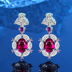 Wong Rain Vintage 925 Sterling Silver Drop Earrings: Oval Cut Ruby with High Carbon Diamond Gemstones, 7x9MM