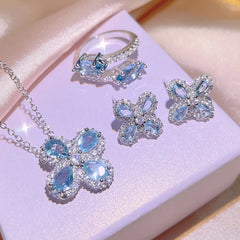 Chic Korean Aquamarine Jewelry Set: Exquisite Necklaces, Earrings, and Pendant Rings