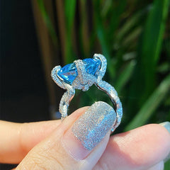 Elegant Silver & Blue Zircon Cocktail Ring for Women