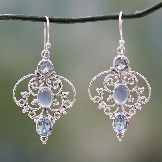 Vintage Charm: Silver Earrings with Aquamarine Drop Dangles