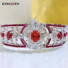 Luxury Vintage 100% 925 Real Silver 7*9mm Ruby Gemstone High Carbon Diamond Wedding Bracelets for Women Party Fine Jewelry Gifts