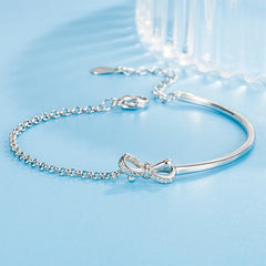 S925 Sterling Silver Bracelet: Chic Bow Design, Semi-circle Style, Light Luxury Diamond Accents, Elegant for Women