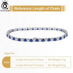 ORSA JEWELS Tennis Bracelet: 925 Sterling Silver, Featuring 3.0mm Clear and Sapphire Cubic Zirconia, Women's Fashion Chain Bracelet