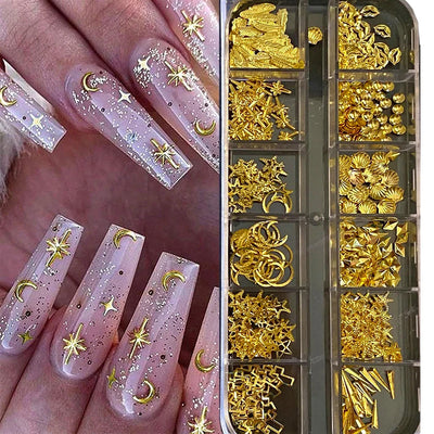 12-Grids Gold Metallic Moon & Star Nail Sequins - 3D Nail Art Charms