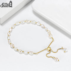 EFFIE QUEEN Natural Baroque Pearl Bracelet: 925 Sterling Silver with 14K Gold Adjustable Chain Link