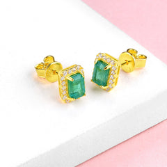 Genuine Elegance: Natural Emerald Sterling Silver Stud Earrings, 2.7 Carats, Yellow Gold Plated