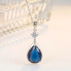 Luxury Water Drop Shape Sapphire Zircon Gemstone Pendant Necklace: 925 Silver Jewelry for Women