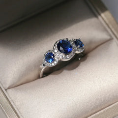 Luxury Big Round Blue CZ Wedding Ring: 925 Sterling Silver for Women