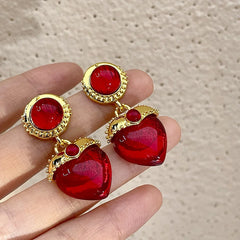 Chic Vintage: Retro Matte Red Love Resin Earrings with Niche Design, Infusing Light Luxury