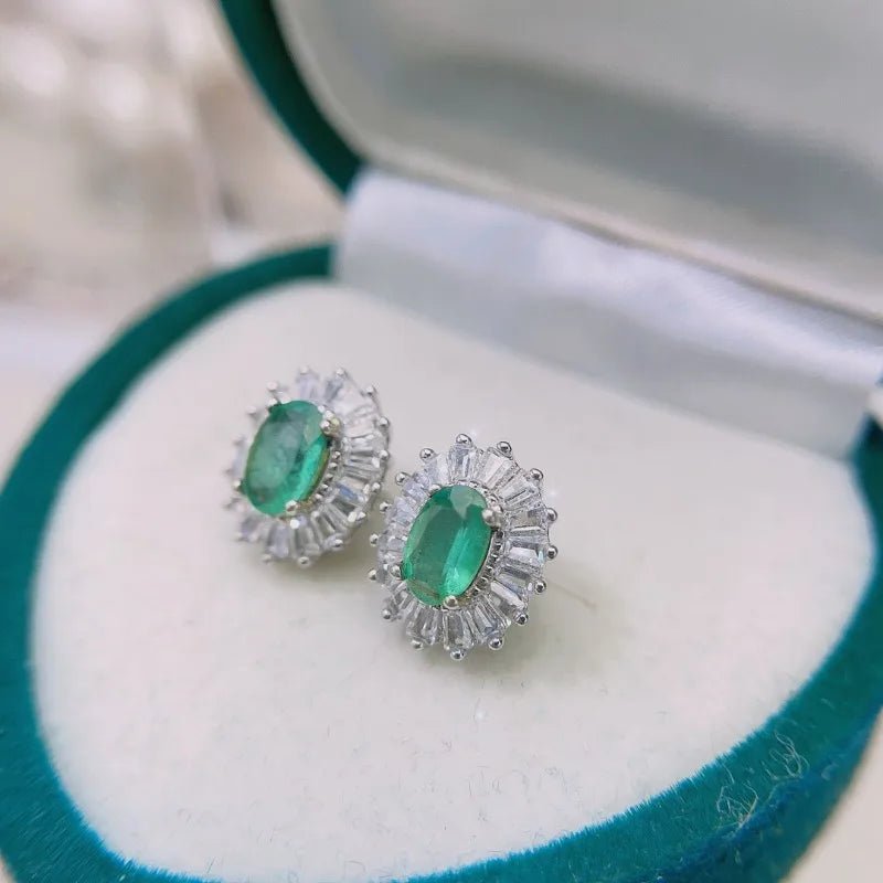 YULEM Sterling Silver Natural Emerald Fashion Fine Stud Earrings for Women Jewelry Gifts 4x6mm Green Emerald Stone - Gadget and Glam Shop