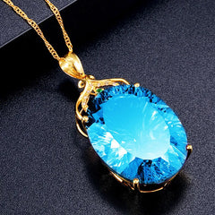 Elegance in Gold: 24K Gold Plated Oval Aquamarine Pendant Necklace with Cubic Topaz