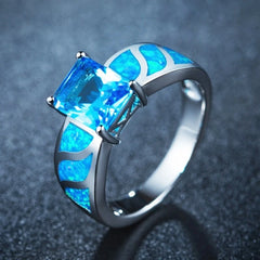 White Gold Color Rectangle Blue Fire Opal Rings for Women