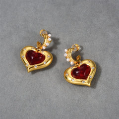 Timeless Elegance: Vintage Fashion Ruby Gem Heart Shape Pearl Ear Stud Earrings, 925 Silver Pins - Exquisite Heart Pearl Jewelry