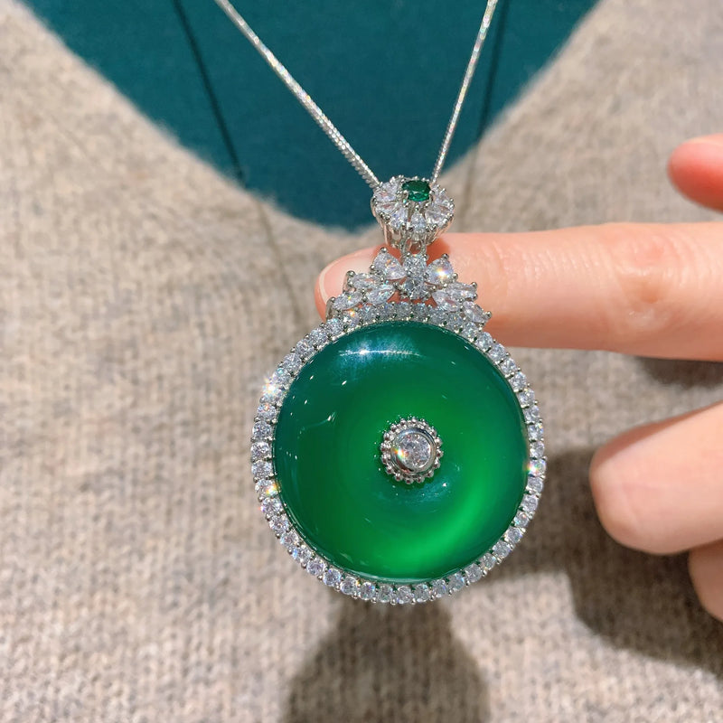 Round Emerald Pendant Necklace Birthday Gift Choker Silver Color Chain for Women Vintage Jewelry Wedding Anniversary Coquette