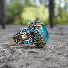 European and American Retro Men's Ring: Carved Aquamarine with Inlaid Turquoise, Inspired by Turkish Fashion