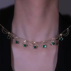 YOUNGX Vintage Emerald Zircon Heart Necklace: Luxury Layered, Real Gold Plated with Red and Green Crystal Choker