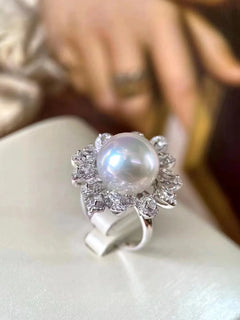 MJ Fine Pearl Ring: 925 Sterling Silver with Natural Freshwater 10-11mm White Pearls