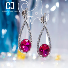 Luxury Ruby and Emerald Long Earrings: S925 Sterling Silver, Platinum Plated