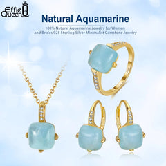 Effie Queen Natural Aquamarine Jewelry Set 14K Gold over 925 Sterling Silver Ring Pendant and Earrings Set for Women Gift SSGM08