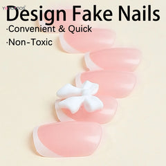 White French Press-On Nails with 3D Bowknot - 24pcs Full Cover Wearable False Nails for DIY Manicures