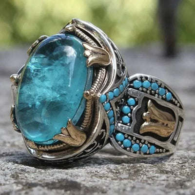 European and American Retro Men's Ring: Carved Aquamarine with Inlaid Turquoise, Inspired by Turkish Fashion