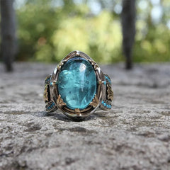 European and American Retro Men's Ring: Carved Aquamarine with Inlaid Turquoise, Inspired by Turkish Fashion