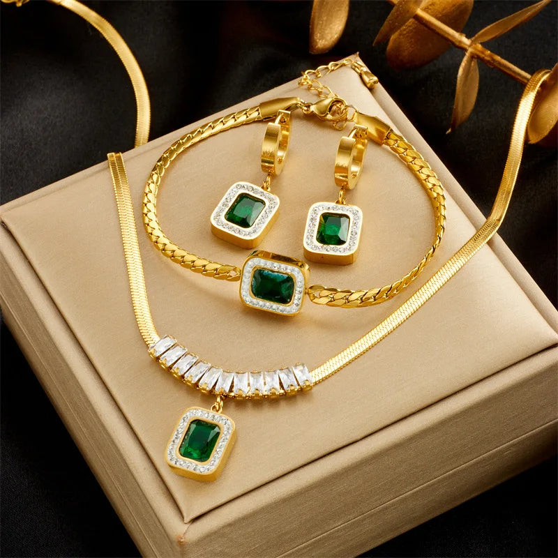 316L Stainless Steel Square Emerald Zircon Thick Chain Necklace Bracelet Earring Set Joyeria Acero Inoxidable Por Lotes