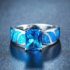 White Gold Color Rectangle Blue Fire Opal Rings for Women