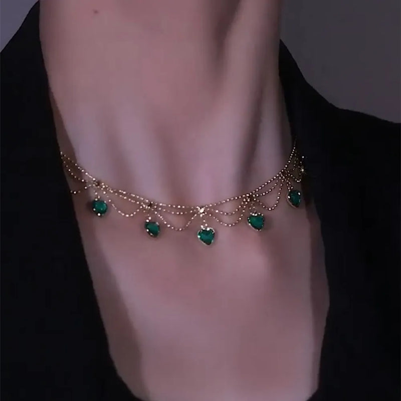 YOUNGX Vintage Emerald Zircon Heart Necklace: Luxury Layered, Real Gold Plated with Red and Green Crystal Choker