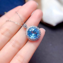 Sky Blue Aquamarine Zircon Created Gem Pendant Necklace For Women White Gold Color Thick Plated Sweater Chain Fashion Jewelry