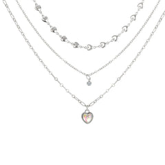 Three-Piece Suit Heart Pendant Necklace: Multi-Layered Opal Metal Design in Silver Color for Women