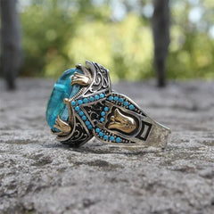 European and American Retro Men's Ring: Carved Aquamarine with Inlaid Turquoise, Inspired by Turkish Fashion