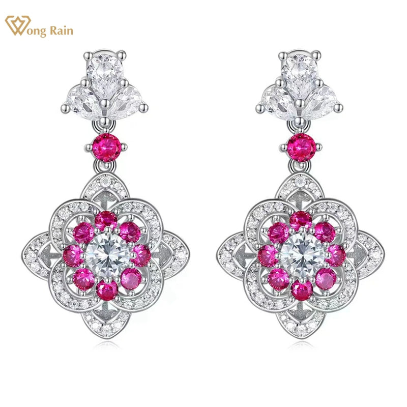 Wong Rain 100% 925 Sterling Silver 5MM Round Cut Lab Sapphire Ruby High Carbon Diamond Gemstone Drop Earrings Party Fine Jewelry