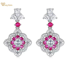 Wong Rain 925 Sterling Silver Drop Earrings: 5MM Round Cut Lab Sapphire Ruby with High Carbon Diamond Gemstones