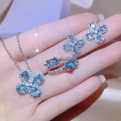 Chic Korean Aquamarine Jewelry Set: Exquisite Necklaces, Earrings, and Pendant Rings