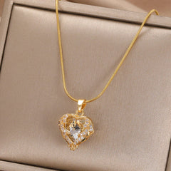 Radiant Heart: Colorful Zircon Pendant on Golden Stainless Steel Chain - Symbol of Love