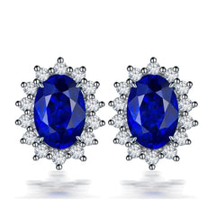 YANHUI Allergy-Free Tibetan Silver Earrings: Blue Oval Shape Lab Sapphire Studs for Women