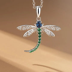 Korean Fashion Sapphire Emerald Zircon Dragonfly Pendant Necklace for Women