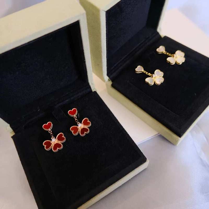 Symbol of Love: 925 Silver Red Heart-Shaped Grass Earrings with White Fritillaria Accents