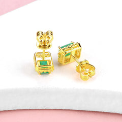 Genuine Elegance: Natural Emerald Sterling Silver Stud Earrings, 2.7 Carats, Yellow Gold Plated